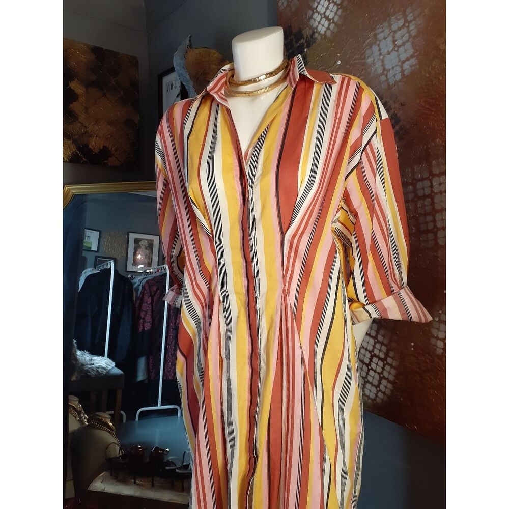 Zara 100% Cotton Striped Button-Front Maxi Shirt Dress in Warm Tones - Picture 14 of 16